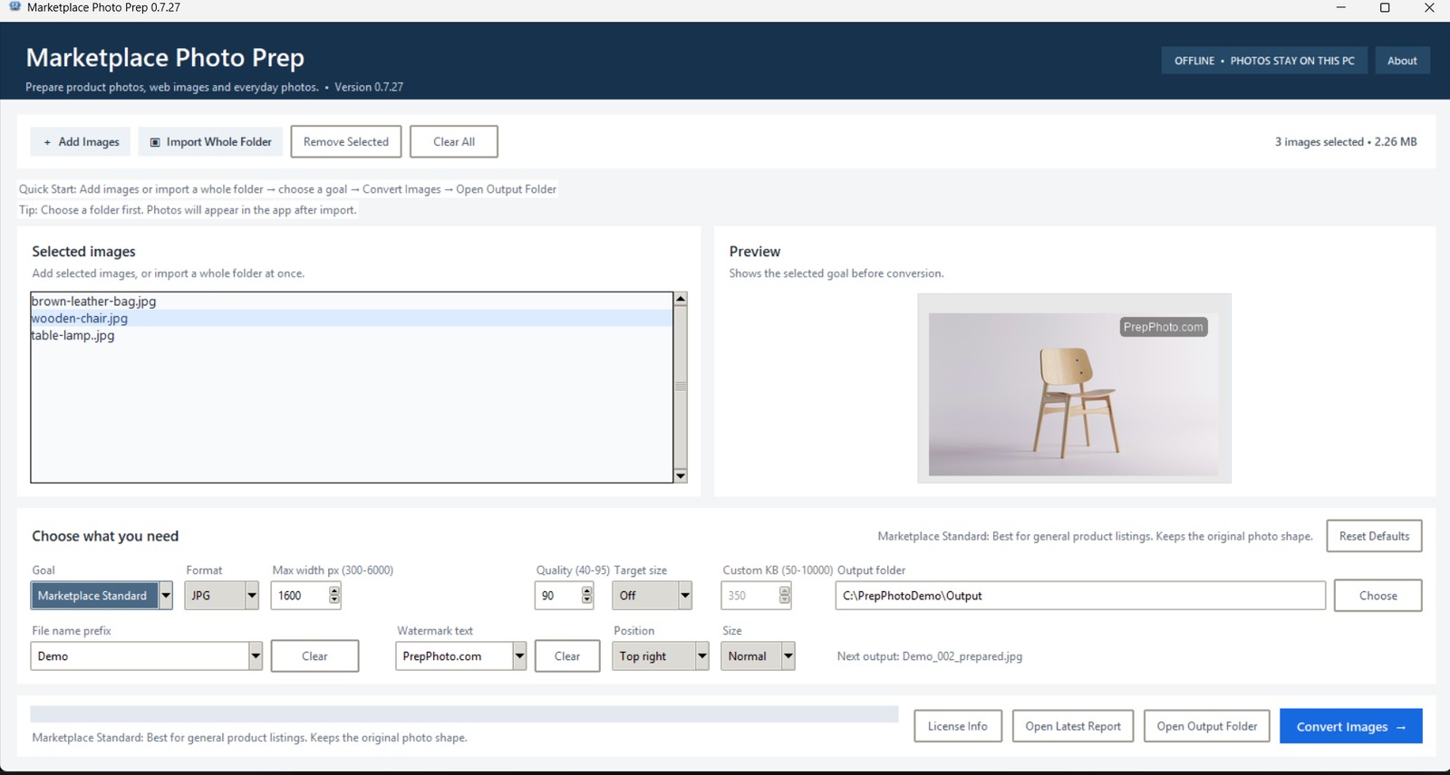 Marketplace Photo Prep 0.7.27 app screenshot showing selected images, preview, watermark text and output settings